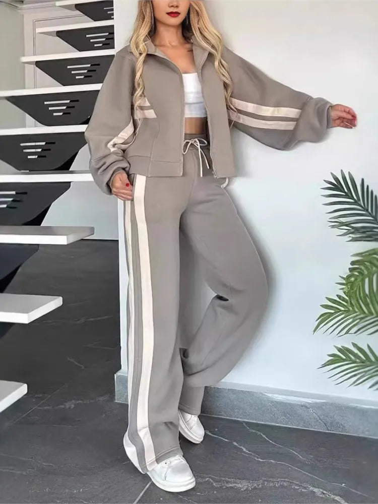 Fashion Long-sleeved Stand-up Collar Zipper Top + Wide-leg Pants 2-piece Set Women Autumn Striped Splicing Sport Suit...