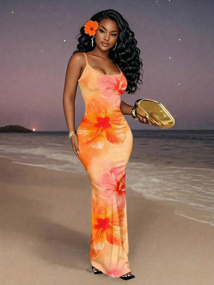 Womens Floral Print Elegant Waist Cinched Long Strap Dress For Party,Summer Dresses For Women