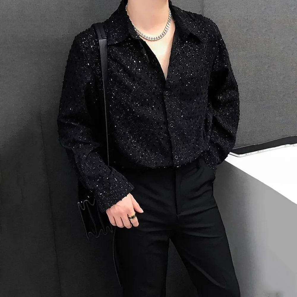 2025 Summer New Men's Starry Sky Hot Diamond Long Sleeve Shirt Korean Fashion Trend Retro Luxury Niche Party Stage Male Tops