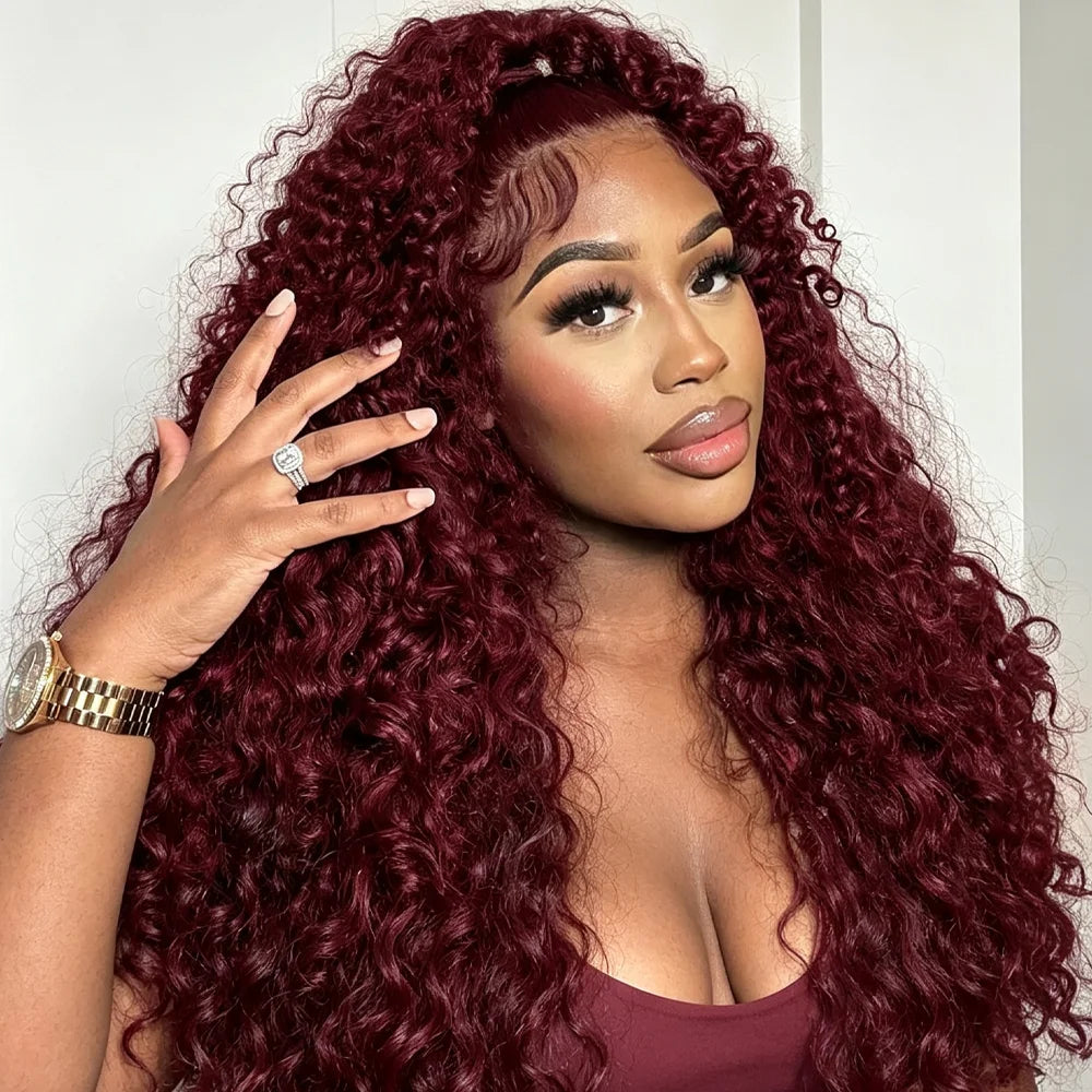 Deep Wave Human Hair Wig For Woman On Sale Natural Hairline 13x4 HD Lace Frontal Wigs Pre Plucked with Baby Hair 99J Burgundy