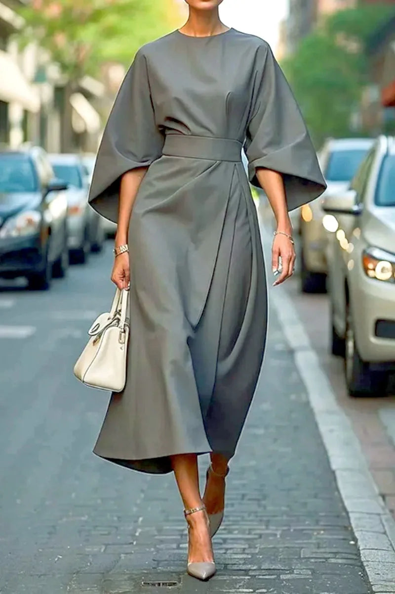 Women's Solid Color Batwing Sleeve Midi Dress Round Neck Solid Color Belted Wrap Hem Loose Fit Party Cocktail Ladies Dresses