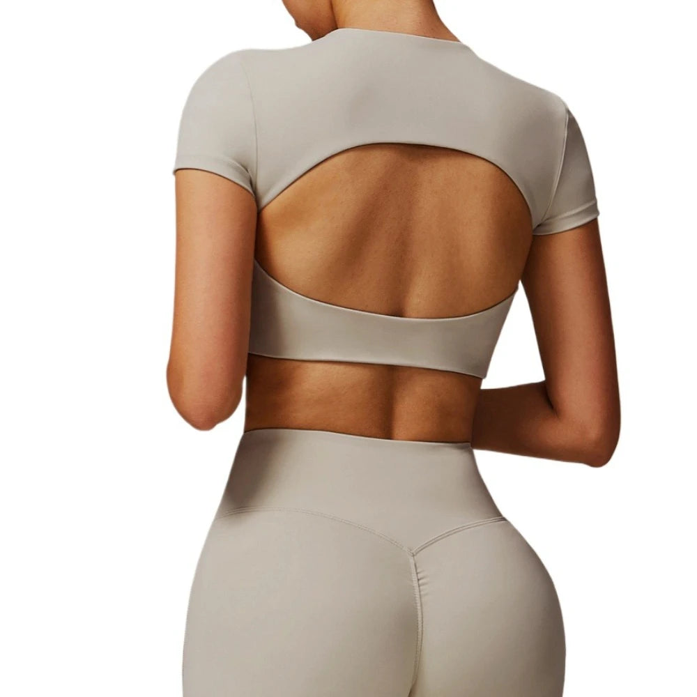 Women Sports Top O-Neck Yoga Crop Tops Short Sleeve Backless Padded Fitness Shirts Push Up Workout Gym T-shirt Running Tights - Kimlud