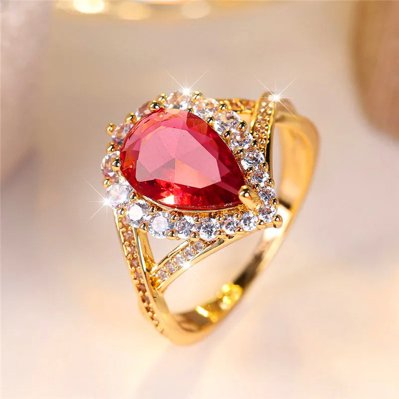 Luxury Female Red Water Drop Zircon Stone Engagement Ring Trendy Gold Color Bride Wedding Jewelry Gift For Women