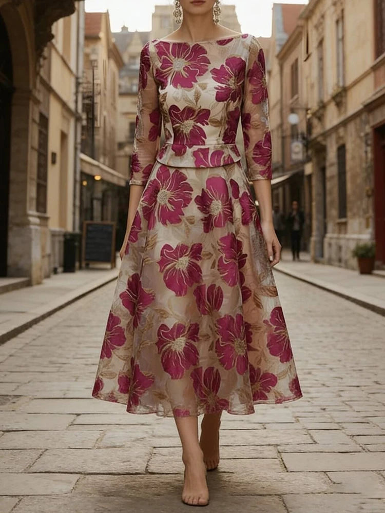Vintage O-neck Pattern Printed Half Sleeve Dress Summer Elegant High Waist A-line Maxi Dress Temperament Banquet Spliced...