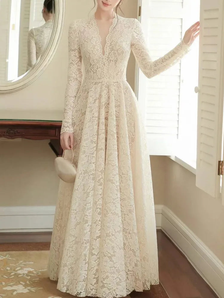 Eshin Elegant Women Lace Maxi Dress Long Sleeve Deep V Neck High Waist A-Line Floor Length Evening Party Formal Dresses SA1529 - Kimlud
