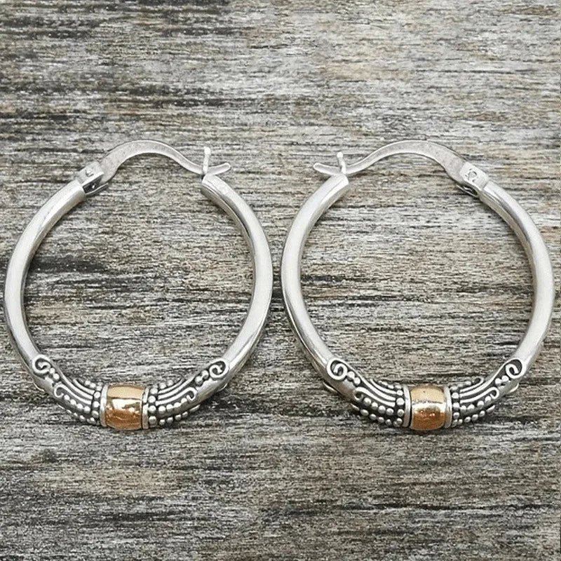 925 Sterling Silver Punk Vintage Two Tone Hoop Earrings for Women Bohemia Style Female Circle Earrings Flower Jewelry