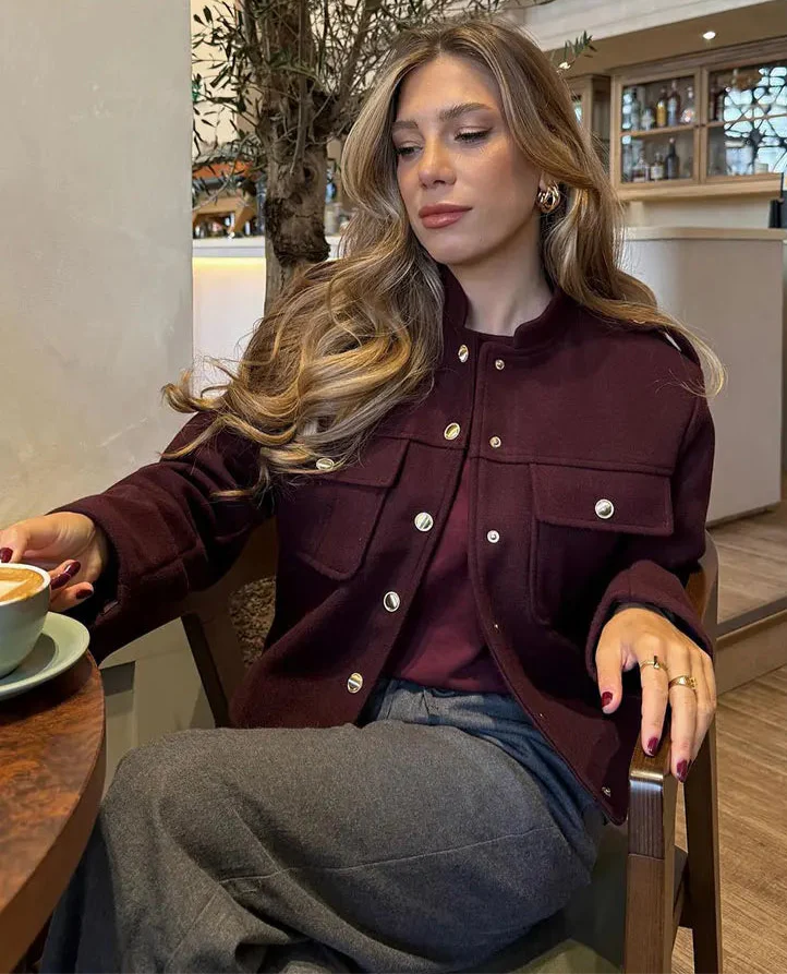 TRAFZA Women Vintage Wine Red Coat O Neck Long Sleeve Single Breasted Jacket With Pockets Autumn Casual Office Lady Outerwear