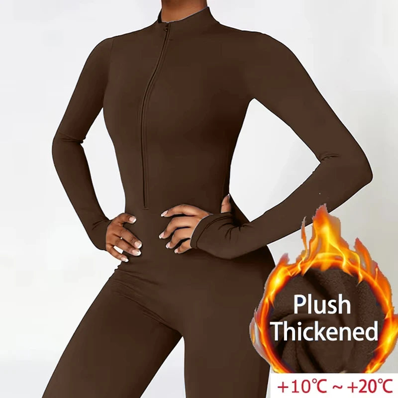Warm Plush Sports Jumpsuits Women's Tracksuit One-Piece Fitness Suit Winter Gym Sets Long Sleeves Black Exercise Bodysuit Woman - Kimlud
