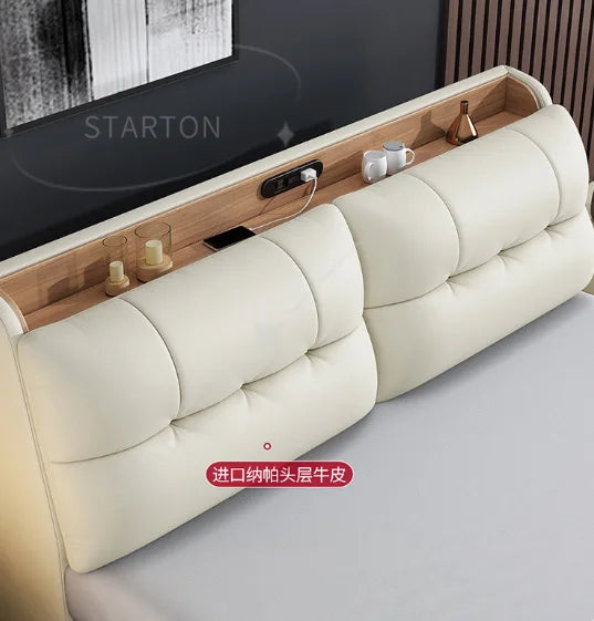 Pure White Nordic Style Oak Panel Queen Bed Frame Steel Frame Cama Modern Bed Queen Size Bed | Kimlud Luxury Bed