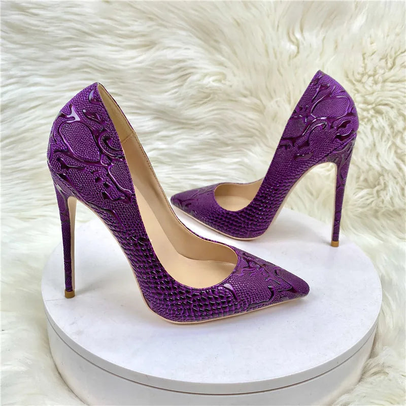 Luxury purple woman high heeled shoes shallow mouth pointed toe slip on unique shoes four season all game pattern snakes shoes - Kimlud