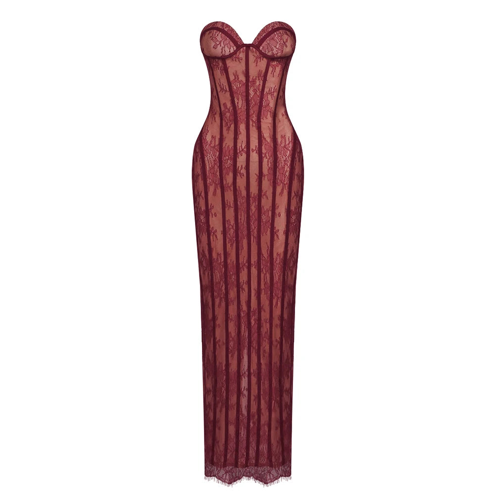 Sexy Strapless Lace Corset Long Dress Women Wine Red Black Sleeveless Summer Floral Slim Dresses Celebrity Evening Party...