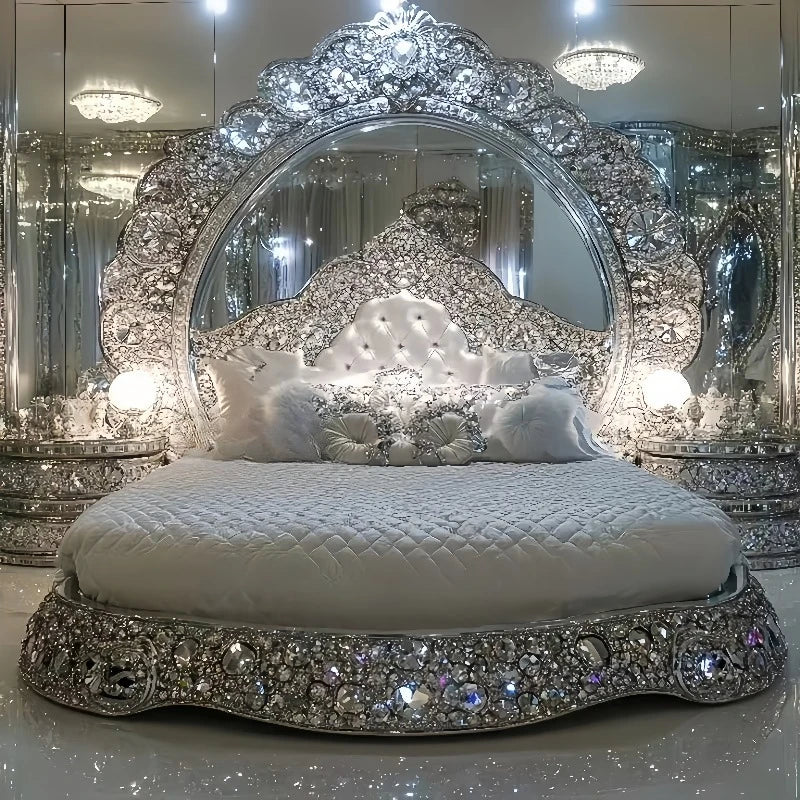 European crystal bed Italian art furniture French luxury solid wood inlaid diamond shining master bedroom silver princess bed