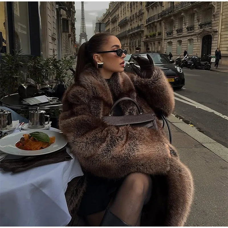 Fashion Brown Faux Fur Overcoat Women Luxury Lapel Long Sleeve Fluffy Coat 2025 Winter Female Thicken Warm High Street Outwear