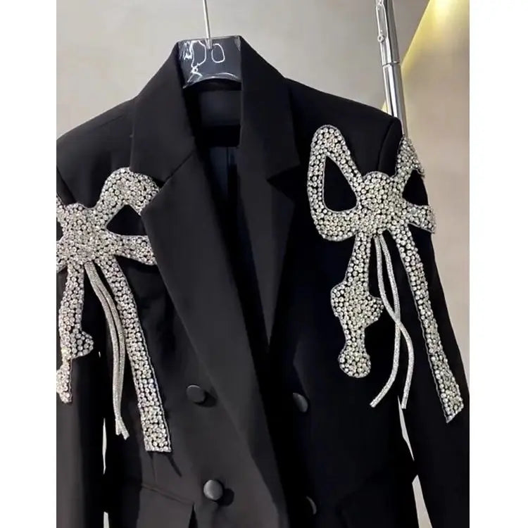 Women Bow Diamonds Beaded Black Blazer Coat Turn Down Collar Drilling Suits Jacket OL Crsytal Cardigan Crop Tops Chaqueta