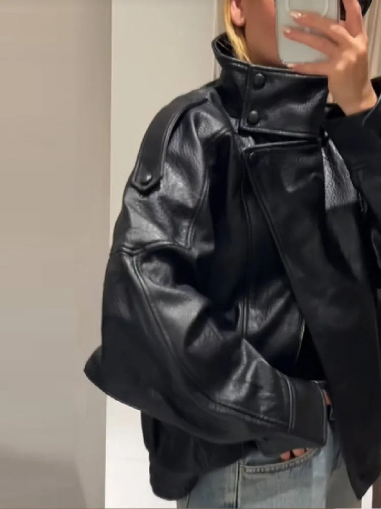 Stylish Pu Leather Jacket Stand-collar Loose Long Sleeved Coat Cool Casual Chic Versatile Outerwear New Autumn Women Streetwear