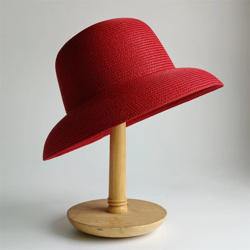 New Summer Sun Hats Ladies Solid Plain Elegant Wide Brim Hat Female Round Top Panama Floppy Straw Beach Hat Women |...