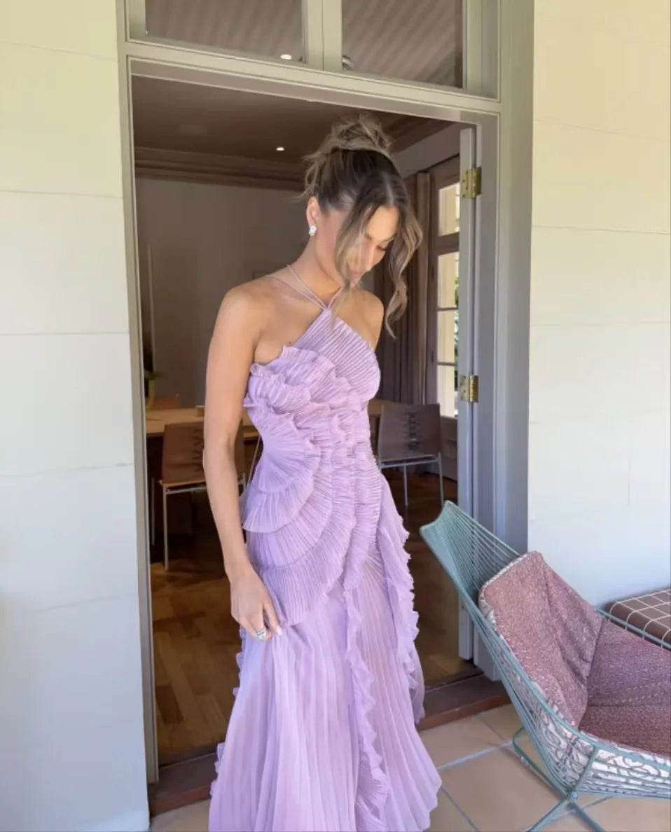 Chic Pleated Halter Long Dress Women High Quality Strapless Backless Ruffles Lotus Edge Maxi Dress 2025 Nw Lady Vacation Gowns
