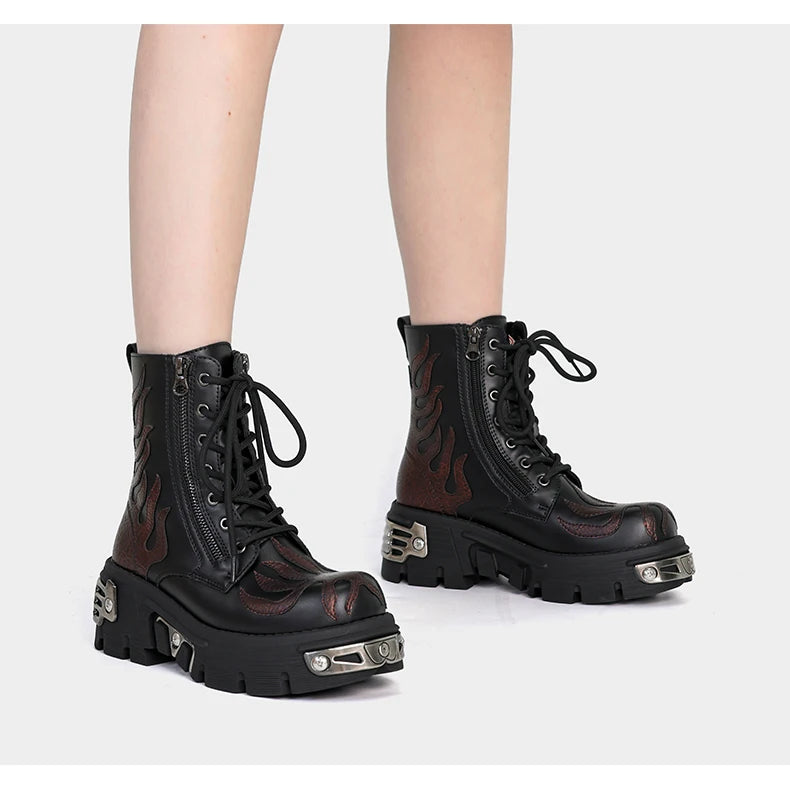 2025 New Punk Women Platform Ankle Boots Female's Rock Round Toe Lace Up Fashion Retro Chunky Shoes Metal Decor Short Boots