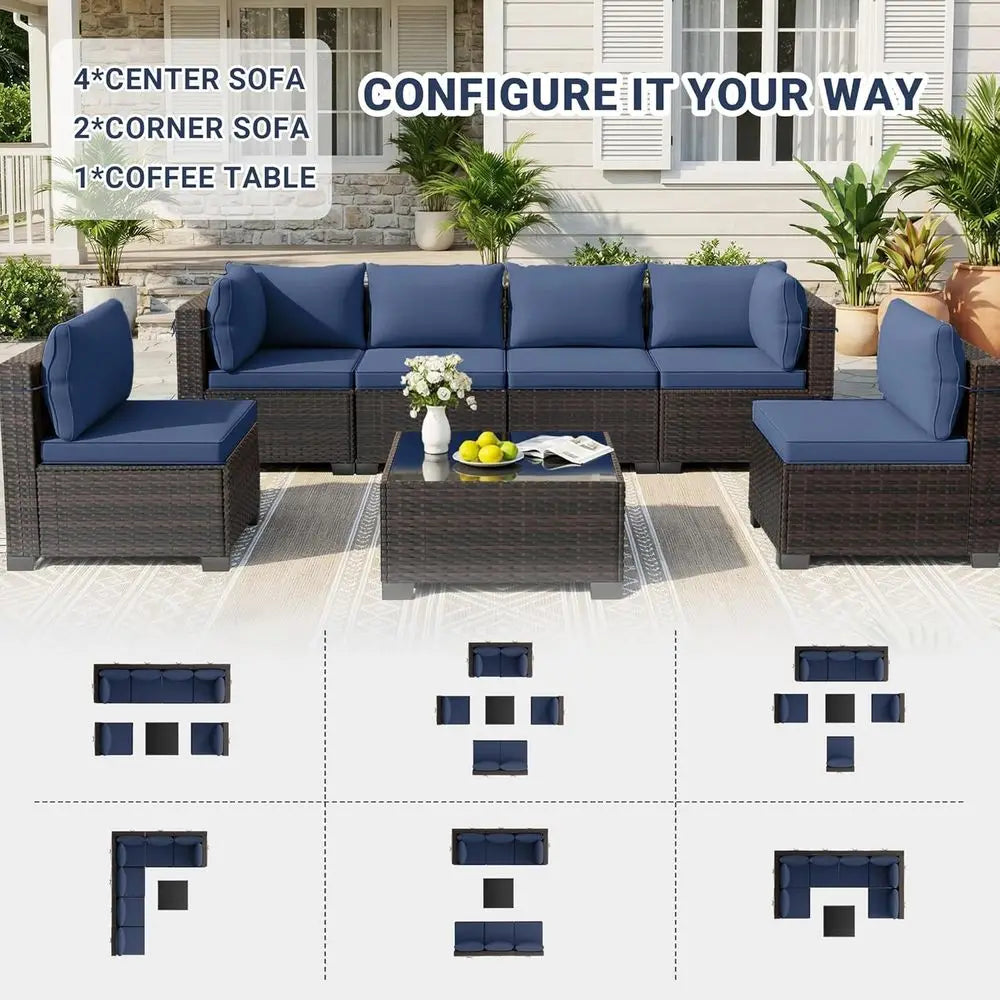 7-Piece Outdoor Patio Furniture Set, Rattan Wicker Sectional with Manual Weaving and Tea Table | Kimlud Outdoor Luxury Table