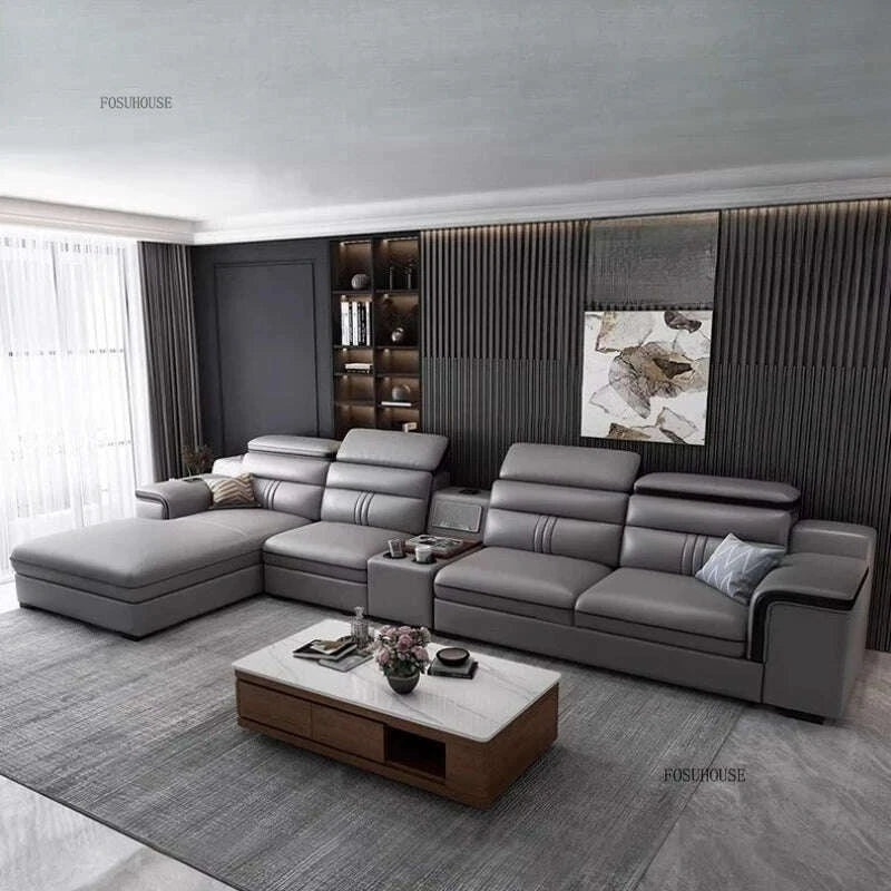 Large Apartment Chaise Leather Sofa Combination Set Modern Light Luxury Living Room Sofas Creative Office Comfortable Large Sofa