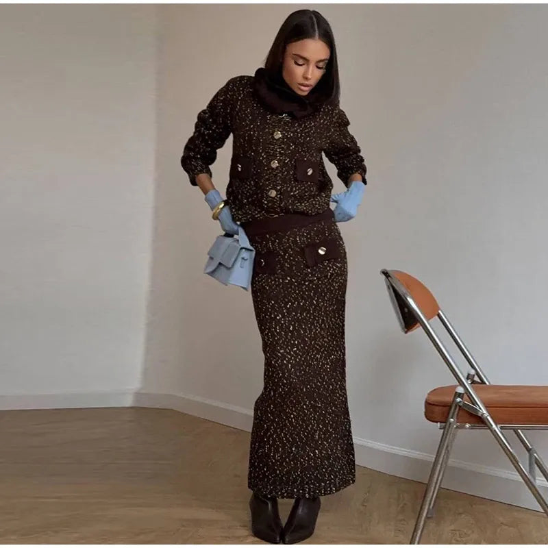 Fashion Knitted Long Skirts Sets Women Lapel Full Sleeve Single Breasted Sweater Hip Package Slim Skirt 2026 Spring Lady Outfits