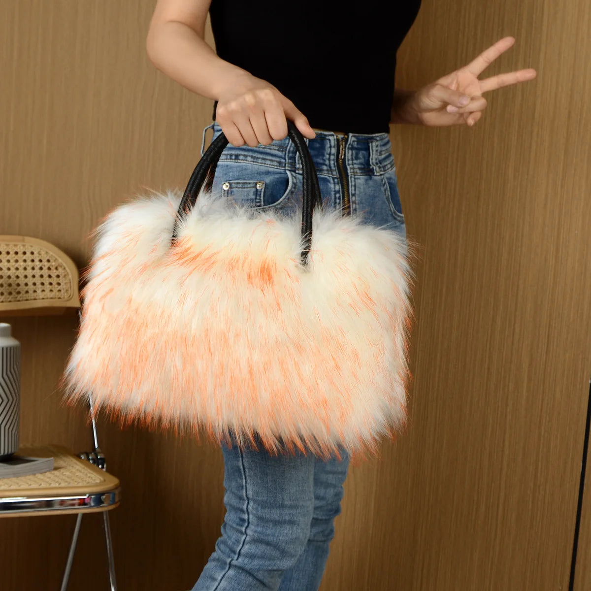 Autumn Winter Faux Fur Tote Bag For Women Rectangular Large Capacity Plush Handbags American Fashion High Street Crossbody Bags