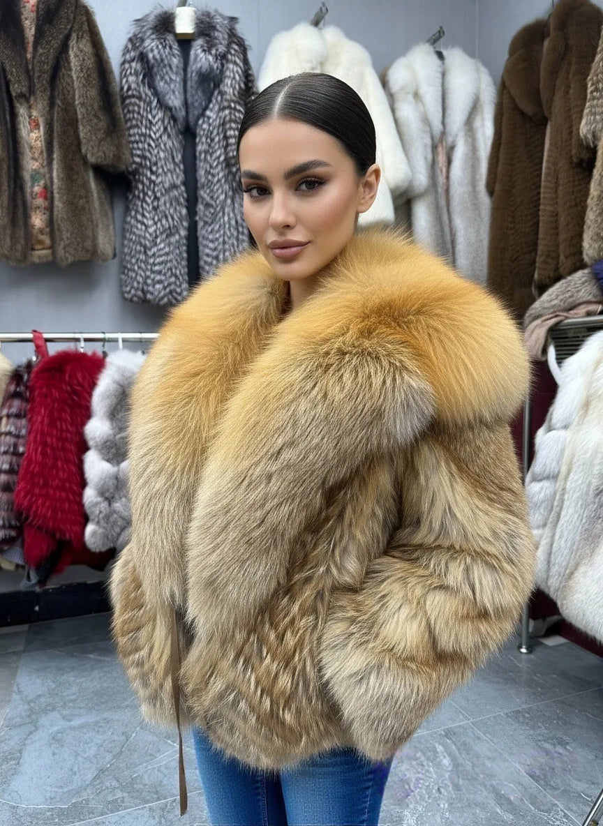 Lady's Natural Stripes Fox Fur Coat with Big Collar Spring Autumn Luxury Fashion Jacket