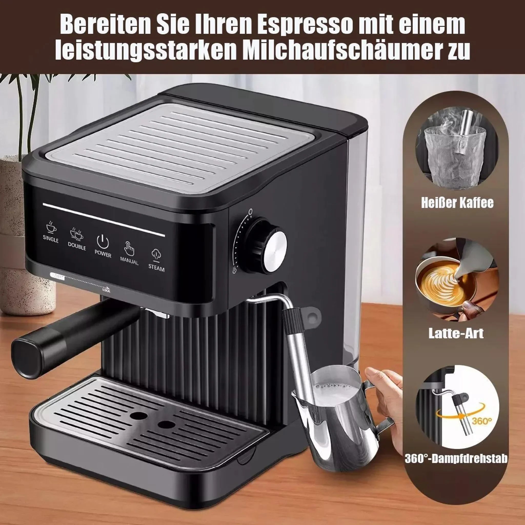 20 Bar Espresso Machine Smart Touchscreen 360° Steam Wand Cup Warmer Single Double Shot 1.8L Black | Kimlud Luxury Monitor