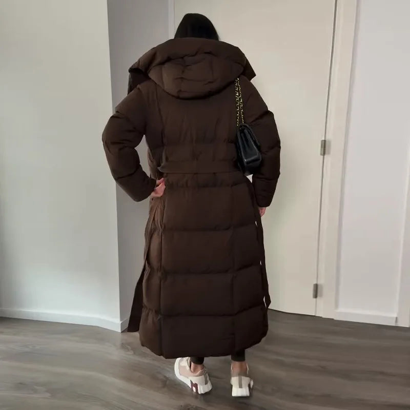 Warm Women's Puffy Quilted Hooded Long Cotton Coat Loose Solid Stand Collar Lace Up Zipper Overcoats 2025 Winter Lady Outwear