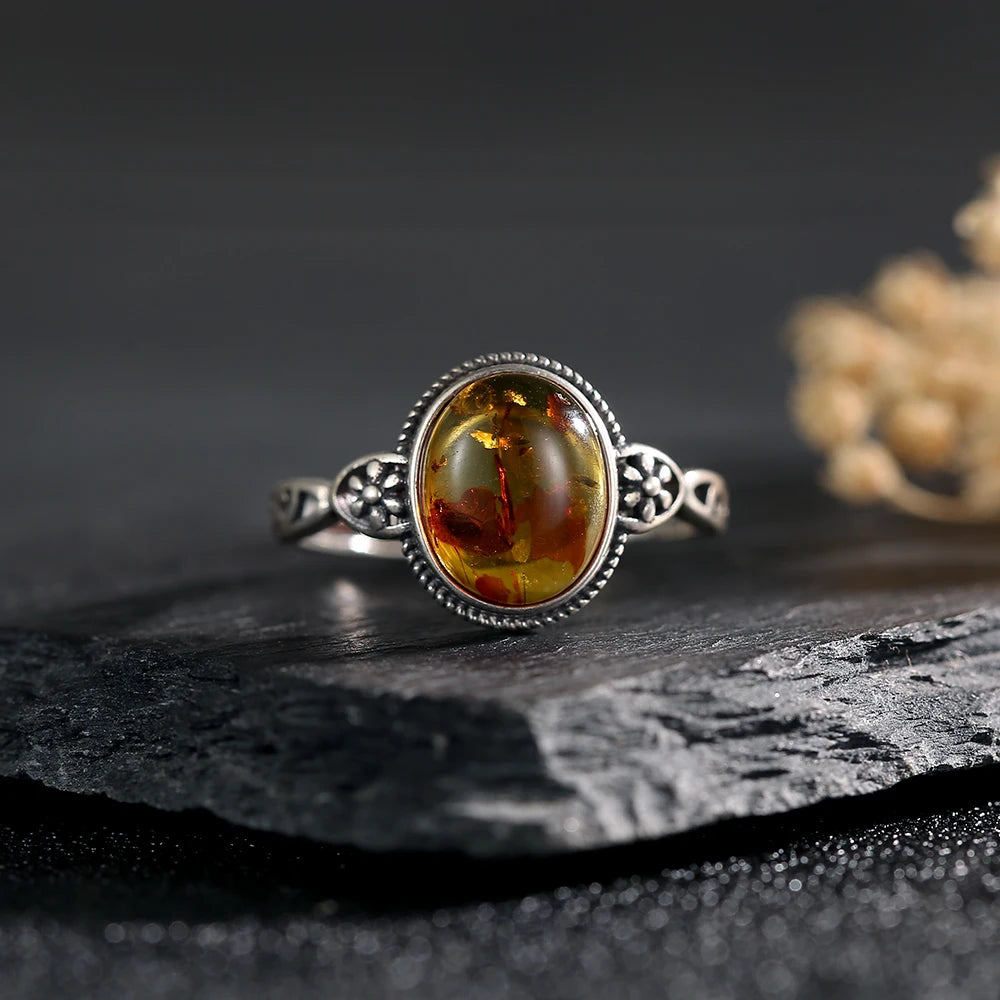 Adjustable Vintage 925 Sterling Silver Ring with Natural Amber, Retro Hollow Floral Design Gemstone Fine Jewelry for Women Man - Kimlud