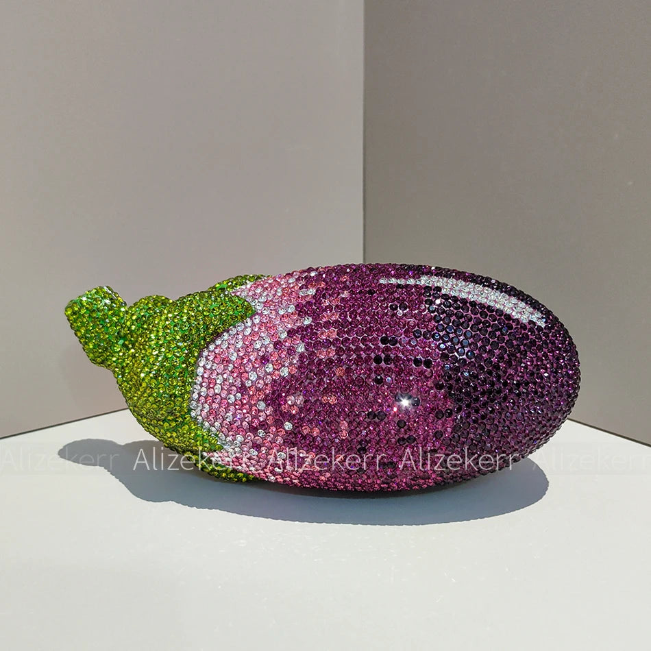Alizekerr Eggplant Shaped Diamond Evening Bags Women Gorgeous Metallic Rhinestone Purses Ladies Unique Handbags Wedding Party - Kimlud