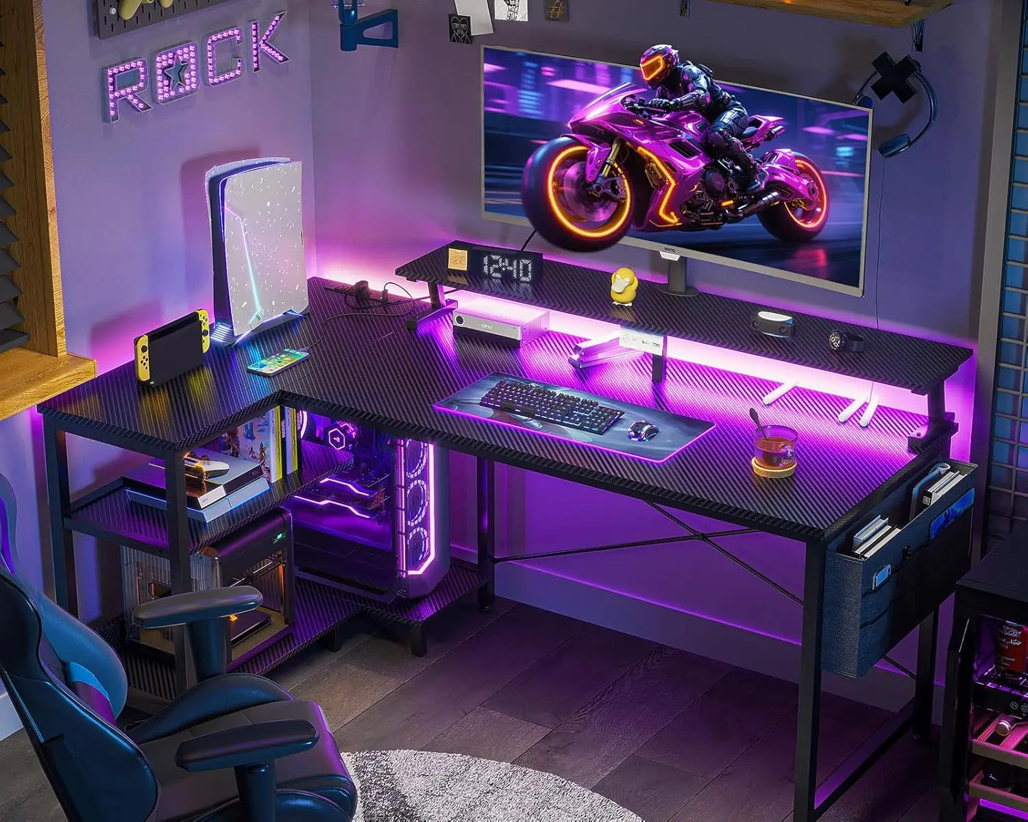 48-Inch L-Shaped Gaming Desk with USB Ports, LED Lights, Storage Shelves & Power Outlets in Black