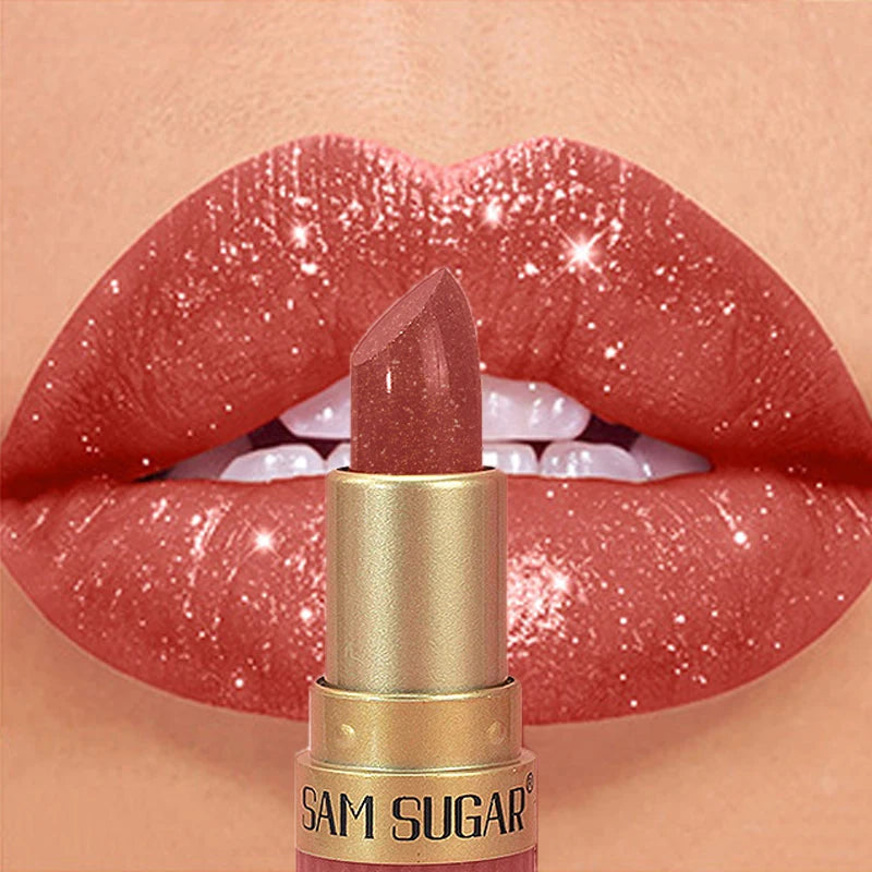 Diamond Pink Lipstick Chocolate Brown Metallic Glitter Lipstick Long-Lasting Waterproof Shimmer Pearl Sparkling Lip Gloss Makeup - Kimlud