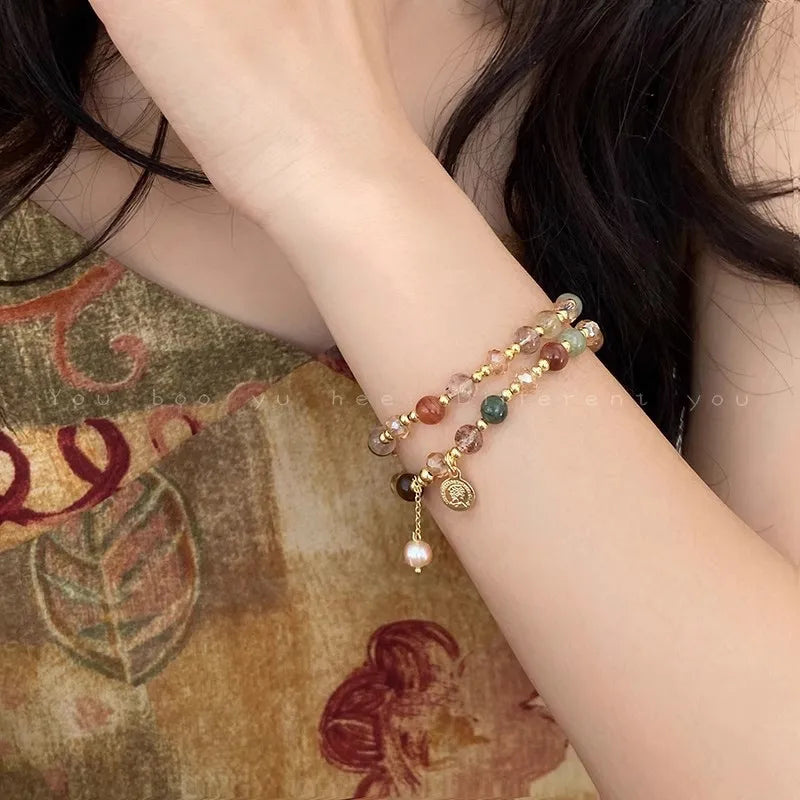 Vintage Double Layered Crystal Pearl Beaded Bracelet for Women Ethnic Natural Stone Beads Wrap Bangle Bracelet Jewelry...