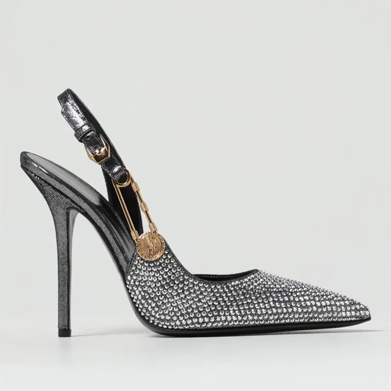 Women Shoes Luxury Rhinestones Sequined Buckle High Heels Elegant Pointed Toe Slingbacks Stiletto Shoes for Women Fashion Shoes