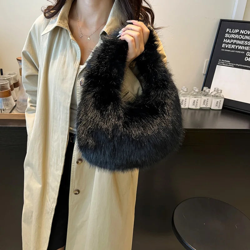 2025 New Winter Soft Plush Bag For Women Designer Half Moon Fluffy Handbag Luxury Red Faux Fur Clutch Bag Female Tote Fashion Ba