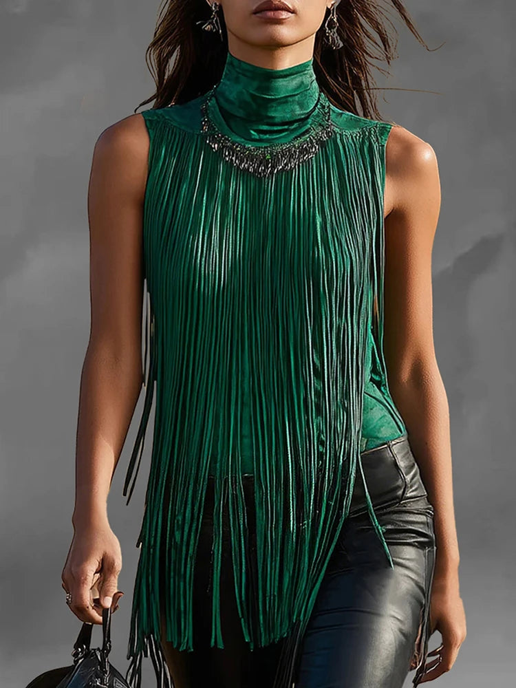 Bohemia Suede Fringe Women Tank Top Solid High Neck Sleeveless Slim Female Fashion Tops Long Tassel Female Vintage Blouse Shirts