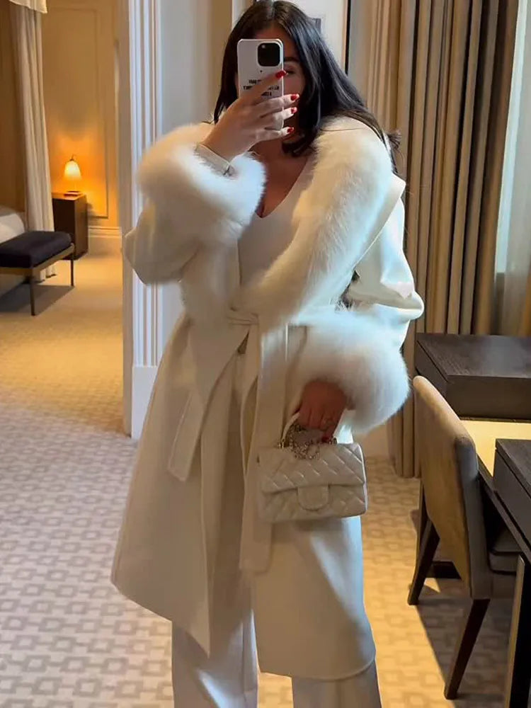 Retro Black Fur Patchwork Woolen Coat Women Chic Full Sleeve V-neck Lace Up Loose Long Overcoat 2025 Lady Winter Commute Outwear