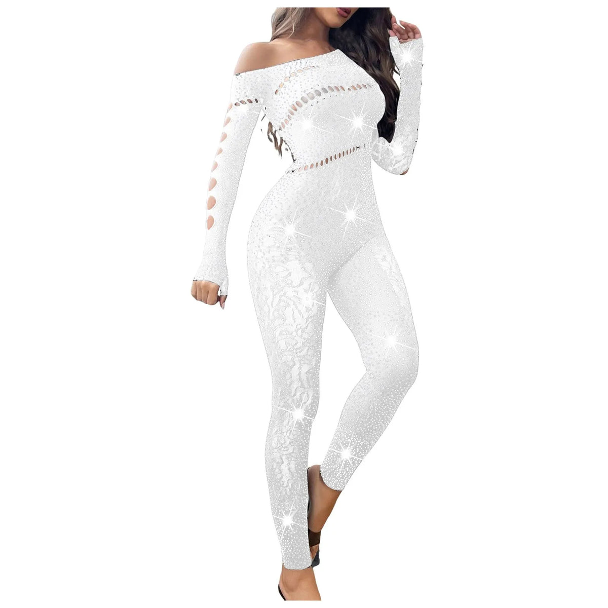 2025 Lace Embroidery Bra Set Women Sexy Mesh Rhinestone Jumpsuit Long Sleeve See Through Sexy Bustier Lingerie for Women - Kimlud
