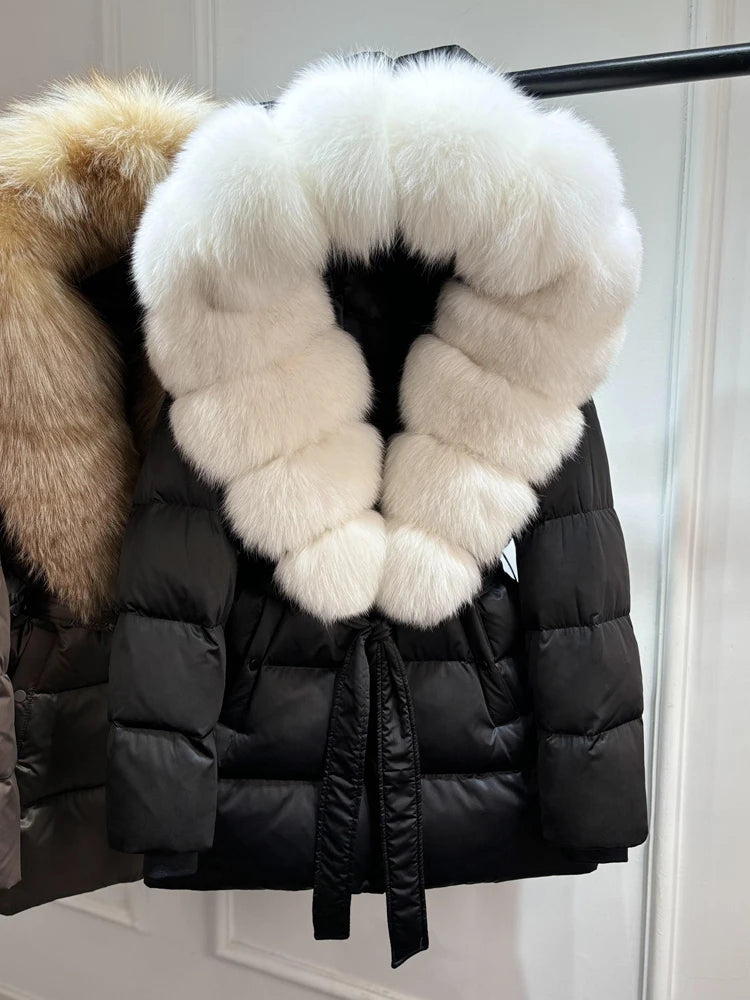 2025 New Natural Thick Warm 90% White Goose Down Coat Long Winter Jacket Women Real Big Fox Fur Collar Belt Loose Puffer Parka