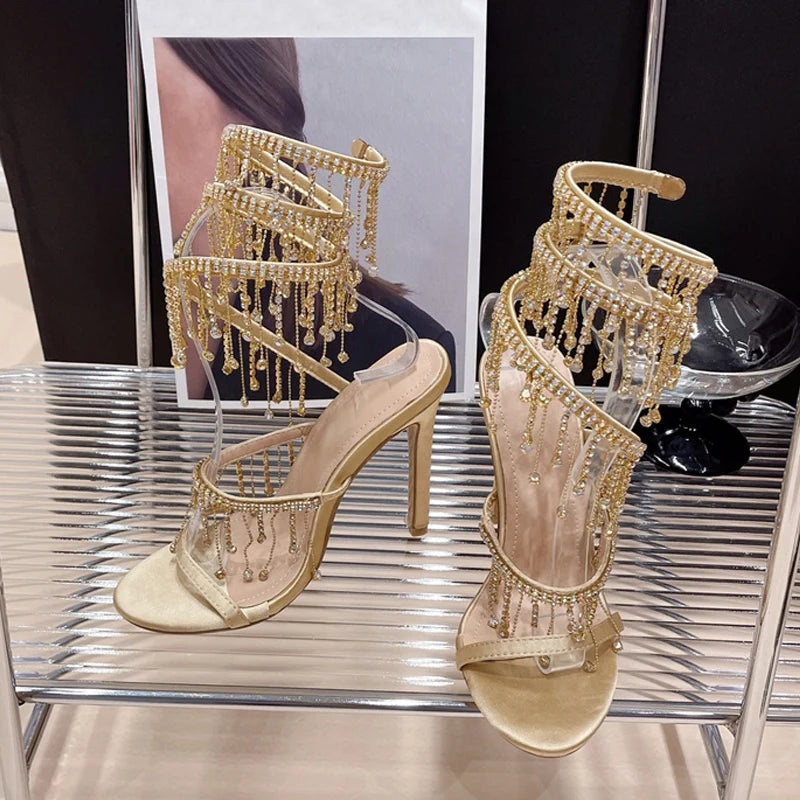 Liyke Elegant Women Wedding Banquet Shoes Fashion Crystal Tassel Twining Stiletto Sandals Sexy Open Toe Stripper Heels Golden - Kimlud