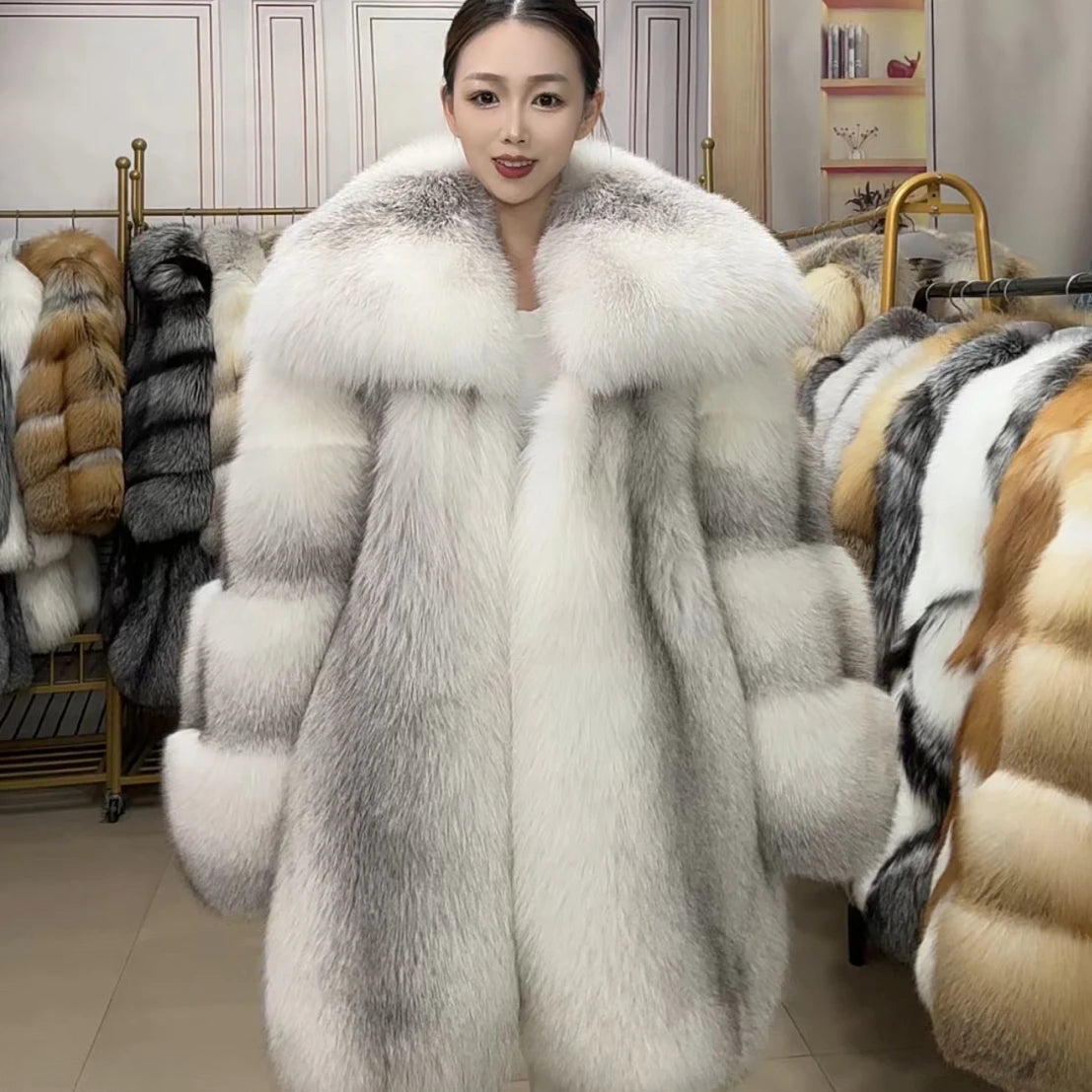 2025New Winter Luxury Warm Finnish Fox Fur Grass Coat Women's Jacket Full Leather Medium Long Fashion Plus Size RealFox...