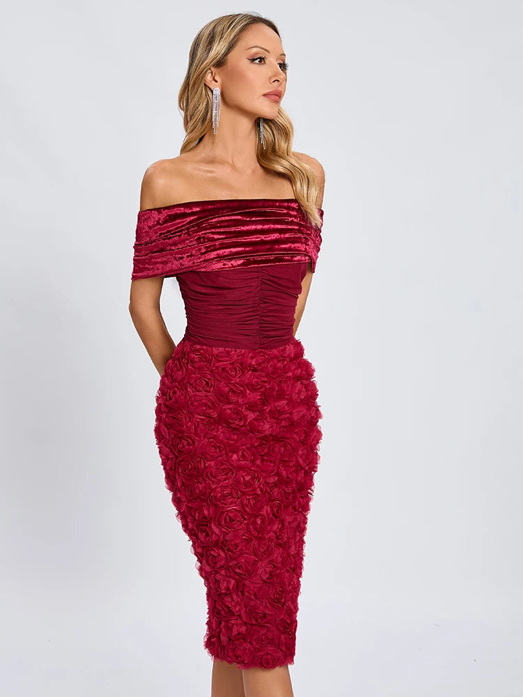 VC Red Off The Shoulder Midi Dress Flower Patchwork Mesh Slash Neck Velvet Bodycon Prom Celebrity Cocktail Party Wear Vestidos