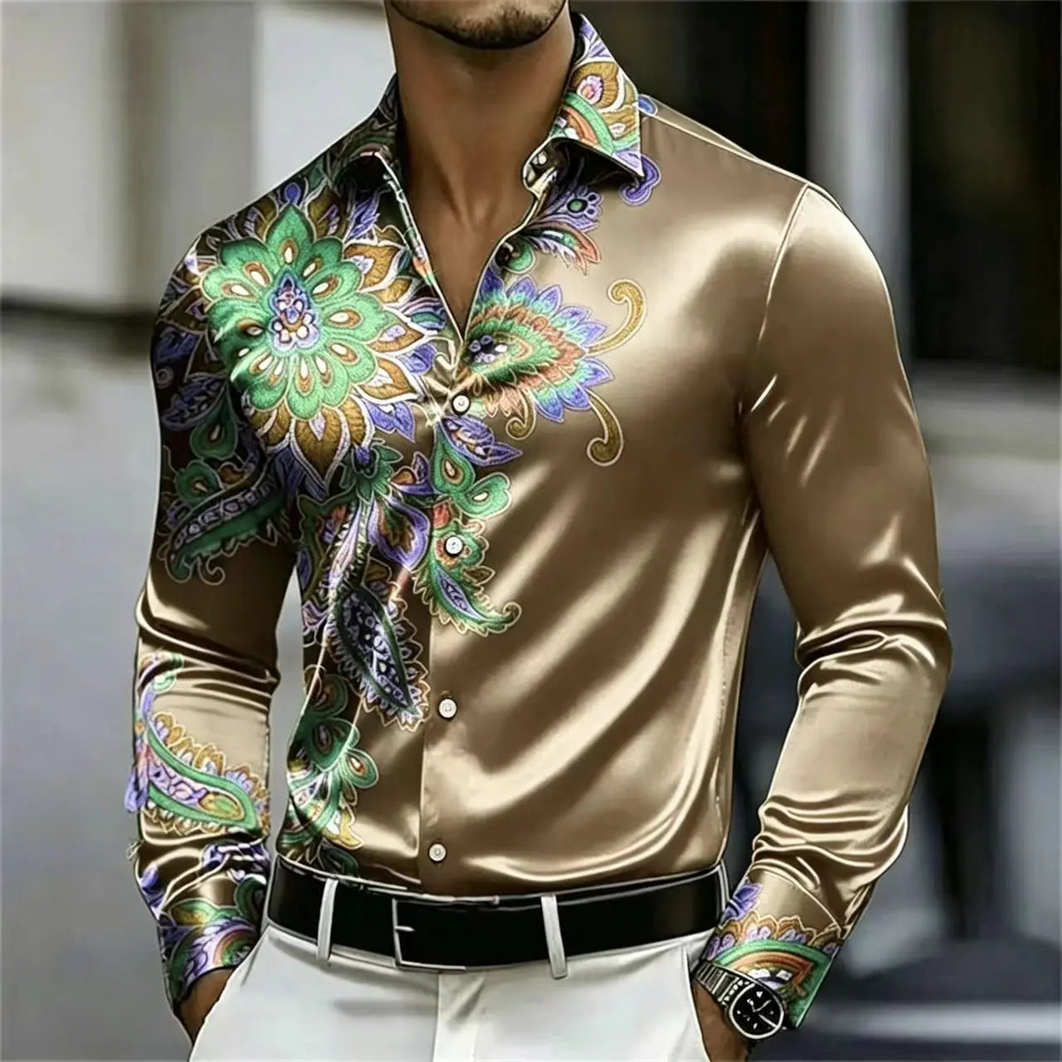 Men's Satin Paisley Printed Shirt Luxury Glossy Long Sleeve Casual Button Down Dress Shirts Nightclub Party Wear