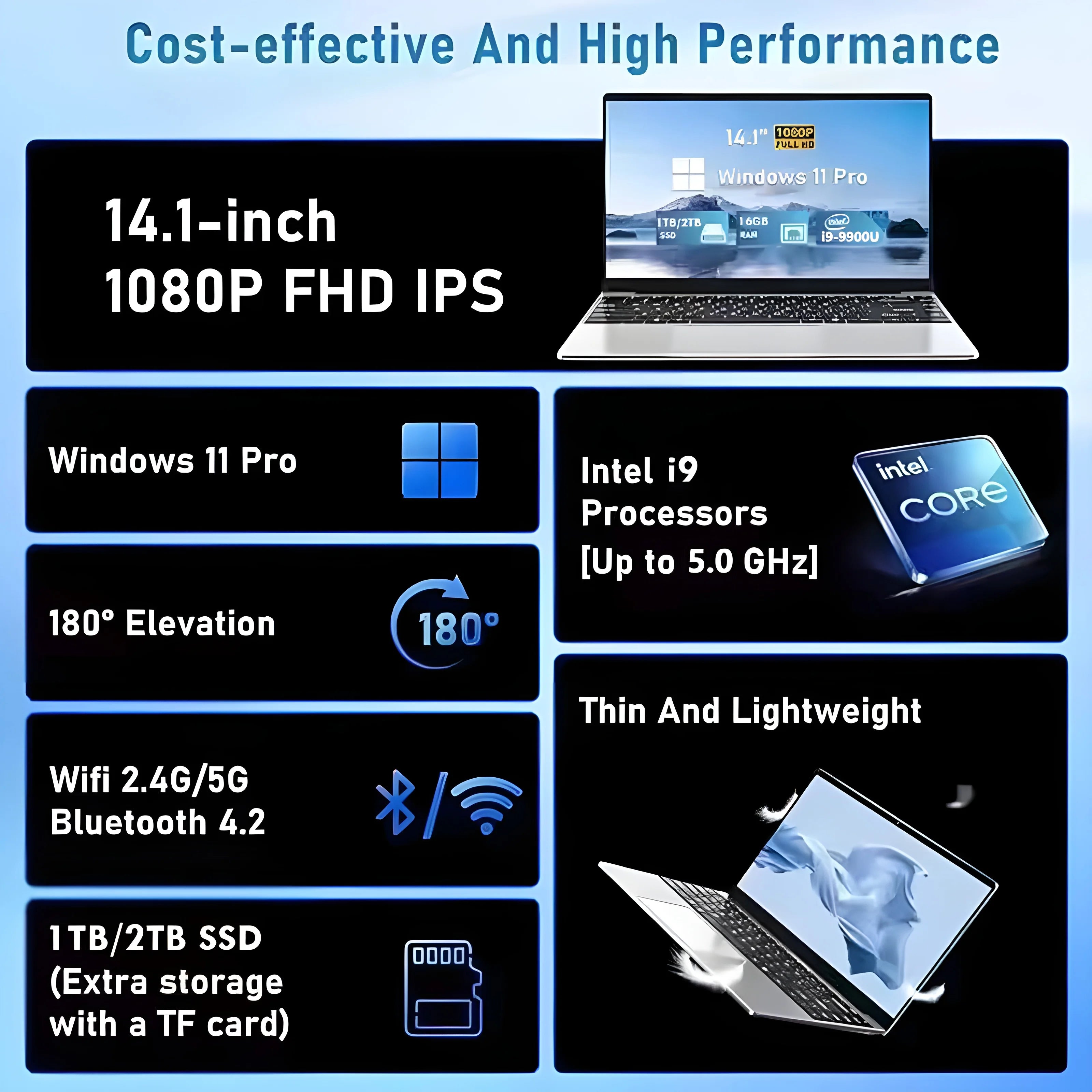 2025 14.1 Inch Slim Laptop Windows 11 Intel Core I9-9900U 32GB DDR4 2TB SSD Gaming Notebook WiFi 6 Office Study Computer PC - Kimlud
