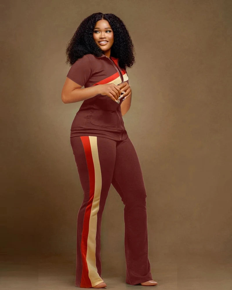 STYLISH LADY Patchwork Sporty 2 Piece Set Women Short Sleeve Zipper Jacket and Pant Suits 2025 Autumn Casual Fitness...