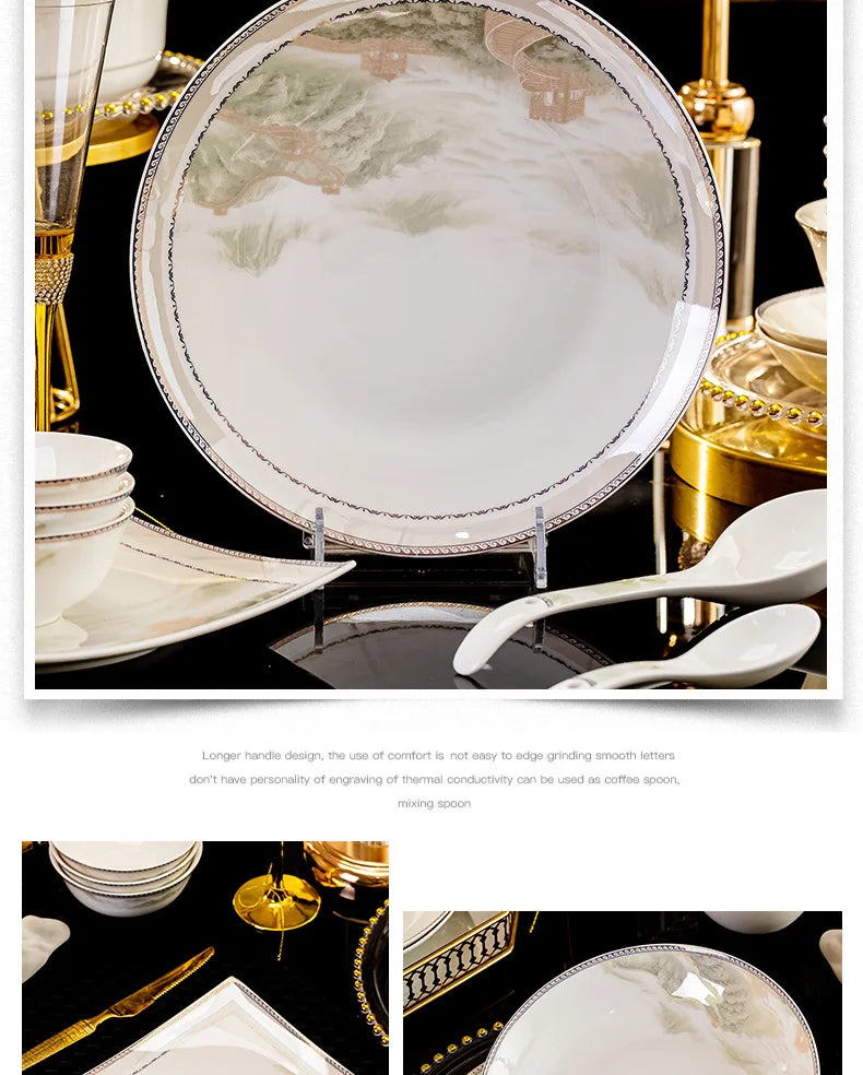 Jingdezhen dish set housewarming tableware set bowl and plate ceramic tableware set light luxury plate bowl | Kimlud...