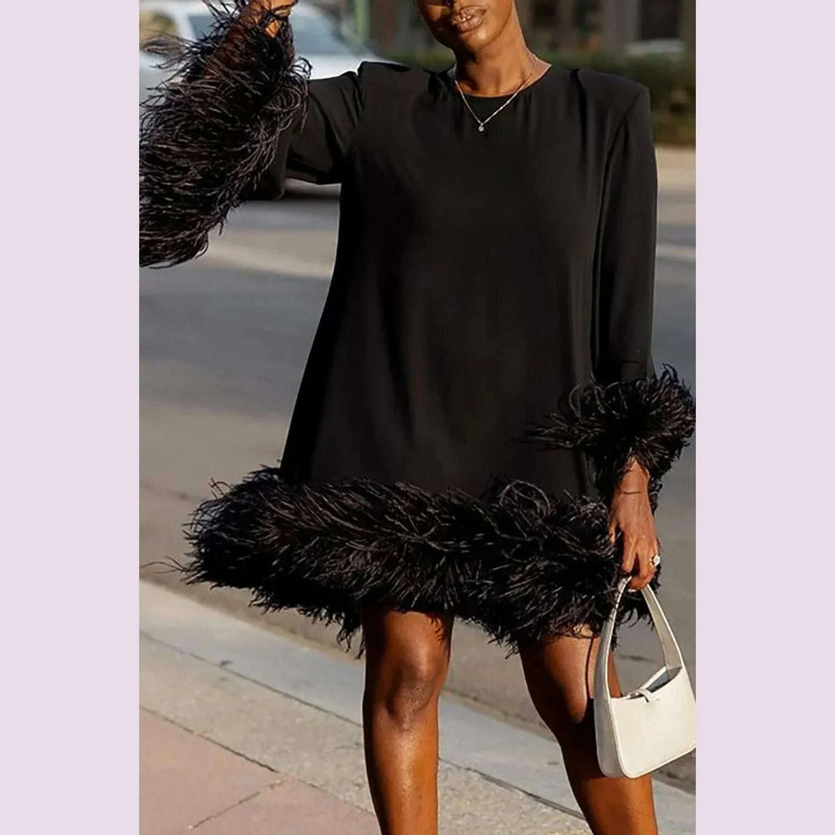 PLUS SIZE Feather Fur Patchwork Mini Dress Elegant Party Long Sleeve Dress Autumn Winter Women Sexy Personality Y2k Vestidos