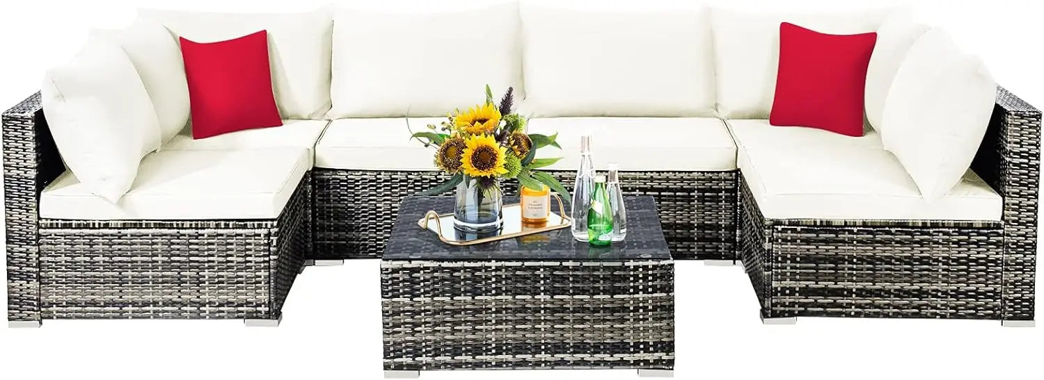 7 Pieces Patio Furniture Set, Patiojoy All-Weather Outdoor Rattan Sectional Sofa Set with Cushions and Tempered Glass Coffee Ta - Kimlud