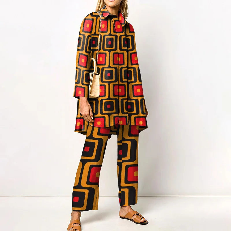 Autumn New Vintage Printed Pant Sets Women Long Shirts And Wide Legs Trousers Two Piece Set Fashion Trendy Streetwear Lady Suits